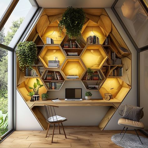 Introducing our hexagonal biophilic bookshelf: a sustainable, modular design inspired by nature. Crafted with organic geometry and earthy tones, it offers versatile storage while bringing the outdoors in, creating a tranquil and harmonious space. Conceptual AI Art Follow @ecosapiens for more! Nature Inspired Bookshelves, Solarpunk Books, Bioliphic Interior Design, Biomimicry Interior Design Concept, Futuristic Biophilic Design, Organic Geometry, Design Inspired By Nature, Bali House, Modular Design