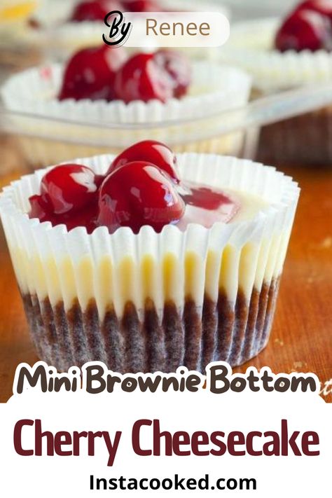 Indulge in these mini brownie bottom cherry cheesecakes, the perfect blend of rich chocolate and creamy cheesecake, topped with sweet cherry pie filling. Sweet Cherry Pie Filling, Cherry Cheesecake Recipe, Sweet Cherry Pie, Cherry Topping, Mini Brownies, Brownie Cups, Fruity Treats, Fudgy Brownie, Chewy Brownies