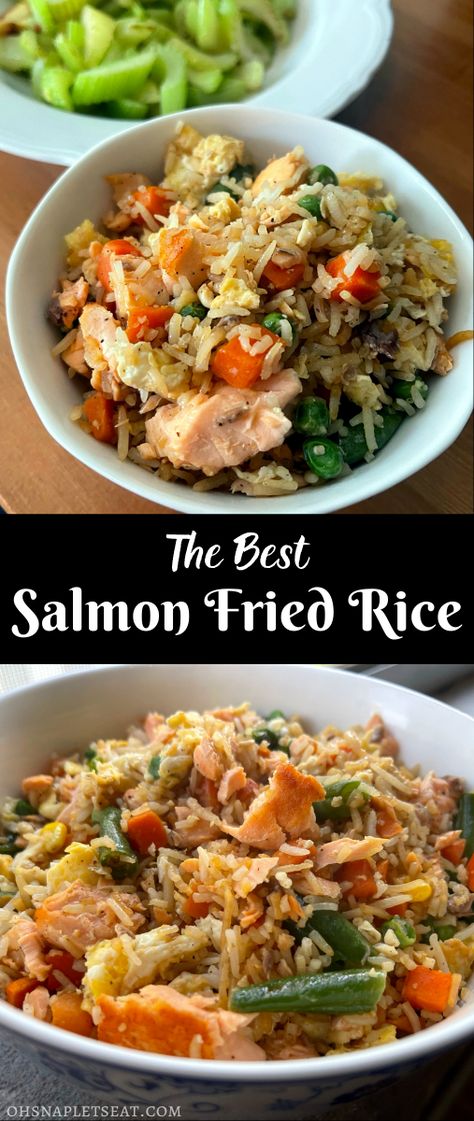 Salmon Egg Fried Rice, Teriyaki Salmon Fried Rice, Fried Rice With Salmon On Top, Easy Salmon Rice Bowl Recipes, Salmon Rice Veggies, Salmon Stir Fry Rice, Salmon And Jasmine Rice, Salmon Over Rice Recipes, Rice That Goes With Salmon