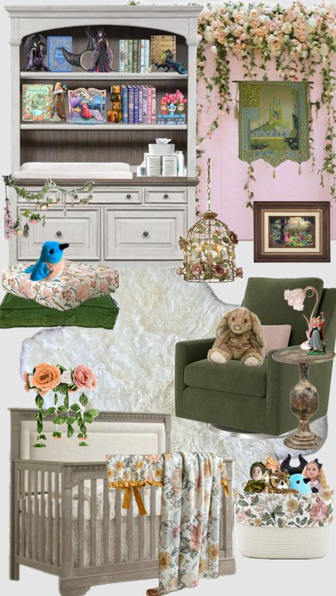 Sleeping Beauty Nursery #sleepingbeauty #princessaurora #disneynursery #disney #nurseryinspo #nursery Old Disney Nursery, Girls Disney Nursery, Sleeping Beauty Nursery, Nursery Moodboard, Wonderland Nursery, Disney Princess Nursery, Princess Nursery, Disney Nursery, Baby Rooms