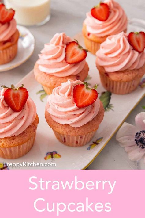 Soft, fluffy, and moist, these fresh Strawberry Cupcakes will melt in your mouth! Easily made from scratch, these cupcakes are filled with fresh strawberries and topped with a beautiful pink strawberry frosting. These cupcakes are bursting with strawberry flavor and are perfect for any occasion. Simple Strawberry Cupcakes, Best Strawberry Cupcakes Ever, Strawberry Cupcakes With Buttercream Frosting, Straw Berry Cupcakes, Fresh Strawberry Cupcake Recipe, Berry Cupcakes Recipes, Real Strawberry Cupcakes, Pink Strawberry Cupcakes, Strawberry Cupcake Recipes From Box Cake Mixes