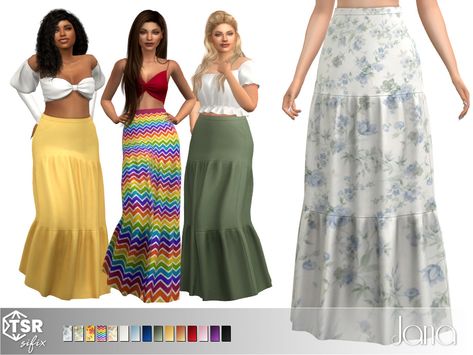 Sims Legacy Challenge, Ruffle Long Skirt, Ts4 Clothes, Cottagecore Skirt, Yellow Maxi Skirts, Clothes Cc, Long Flowy Skirt, Big Skirts, Fairycore Clothes