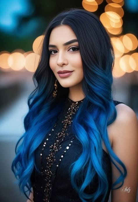 Blue Picaboo Hair, Blue Baylage Hair Dark, Cute Hair Ideas For Prom, Royal Blue Ombre Hair, Hair Colors Blue, Blue Hair Dark Roots, Dark Blue Balayage, Black To Blue Ombre Hair, Blue Balayage Hair