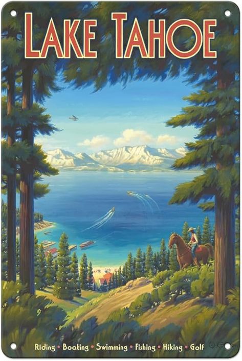 Amazon.com: Pacifica Island Art Lake Tahoe California - Riding Boating Swimming Fishing Hiking Golf - Vintage Travel Poster by Kerne Erickson - 8 x 12 inch Vintage Metal Tin Sign: Posters & Prints Lake Tahoe California, Travel Ads, Cat Air, 수채화 그림, Vintage Poster Art, Sierra Nevada, California Travel, Vintage Travel Posters, Lake Tahoe