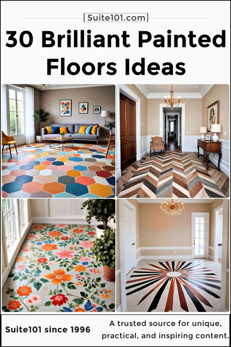 30 Painted Floor Ideas To Revitalize Your Home’s Style Painted Wood Floors Designs, Painted Kitchen Floor Ideas, Painted Floorboards Bedroom, How To Paint A Wood Floor, Sub Flooring Ideas Diy, Painted Wooden Floors Ideas, Brown Painted Floors, Painting Hardwood Floors Diy, Painted Subfloor Plywood