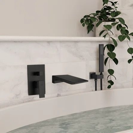 CASAINC Wall Mounted Tub Spout with Handshower | Wayfair Waterfall Bathtub, Waterfall Tub Faucet, Bathtub Spout, Wall Mount Tub Faucet, Wall Faucet, Stand Alone Tub, Bathtub Walls, Black Faucet, Roman Tub Faucets