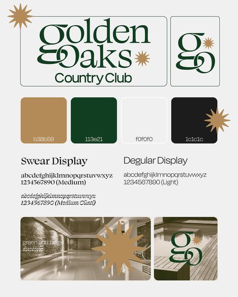 My submission for the Golden Oaks Country Club branding (Brief 67), where excellence meets tranquility 🌳☀️ This is my first time submitting a project to The Brief Association, I have well and truly loved taking part in this project, alongside seeing everyone else’s work! For this branding, I wanted to focus on the warm tones associated with Golden, as well as the greenery of Oak trees. Hence, the gold and green colour palette. The logos I created are simple, yet have their own unique element... Country Club Interior, Branding Brief, Oak Logo, Green Branding, Club Branding, Oak Trees, Green Colour Palette, Gold And Green, Green Colour