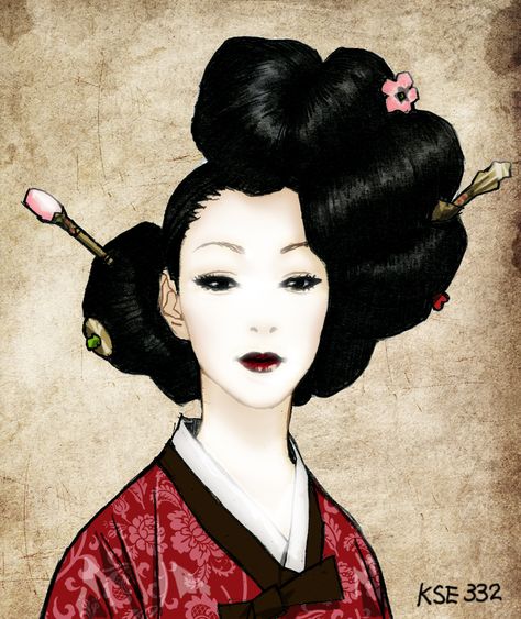 Image work 2 by *kse332 at deviantart Art Geisha, Geisha Hair, Korean Painting, Geisha Art, Flowers In Her Hair, Posca Art, John Singer Sargent, Japanese Geisha, Traditional Korean