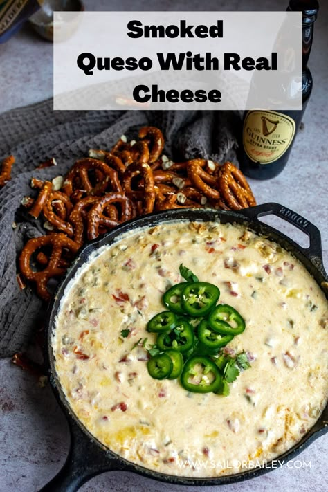 Smoked Queso No Velveeta, Queso On Smoker, Texas Style Smoked Queso, Smoked Queso Without Velveeta, Smoker Queso Recipe, Smoked Queso Dip On Smoker With Chorizo, Smoked White Queso Dip On Smoker, Texas Smoked Queso Dip, Smoked Queso Blanco Dip