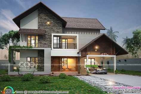 2900 square feet 4 BHK sloped roof house Stilt House, Concrete Fountains, Sloped Roof, Sloping Roof, Kerala House, Roof House, Modern Small House Design, Small House Elevation Design, Modern Villa Design