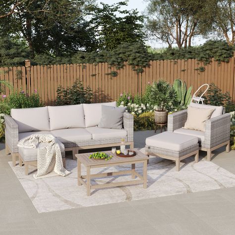 6-Person Outdoor Patio Conversation Furniture Set with Acacia Wood Coffee Table Outdoor Furniture Small Patio, Conversation Furniture, Comfortable Patio Furniture, Serene Garden, Wicker Patio Furniture Set, Coffee Table Grey, Wicker Patio Furniture, Solid Wood Coffee Table, Nursery Furniture Sets