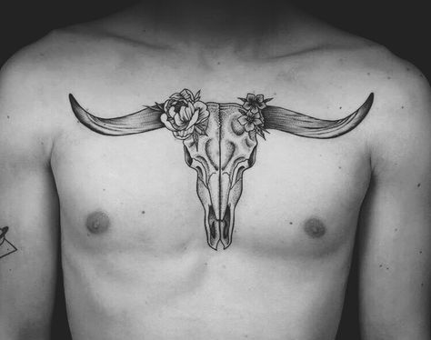 Bull skull dot work Taurus tattoo flowers chest Texas Longhorn Skull Tattoo, Bull Skull Tattoo Chest, Bull Skull Tattoo Women Chest, Cow Skull Chest Tattoo, Taurus Chest Tattoo, Ox Skull Tattoo, Long Horn Tattoo For Women, Chest Neck Tattoo, Tattoo Under Chest