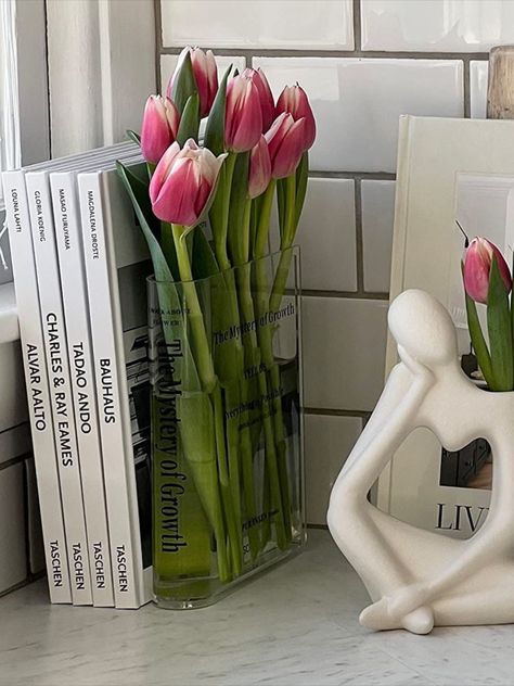 Book About Flowers, Cute Bookshelf, Cute Bookshelves, Book Vase, Clear Book, Acrylic Vase, Minimalist Apartment Style, Vase For Flowers, Unique Vase