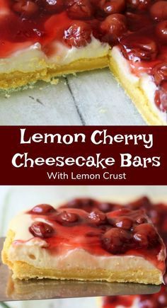 Lemon Cherry Cheesecake with Lemon Crust an easy recipe dessert with cream cheese, lemon cake mix and cherries. #cherry #cheesecake #creamcheese #bars Dessert With Cream Cheese, Lemon Desserts Cake, Lemon Desserts Healthy, Lemon Desserts Easy, Cream Cheese Desserts, Lemon Cake Mixes, Lemon Dessert Recipes, Cherry Desserts, Recipe Dessert