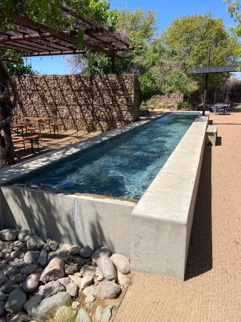 Small Concrete Pool, Cement Pool, Pool Concrete, Long Pool, Raised Pools, Above Ground Pools, Small Backyard Landscaping Ideas, Pool Landscape Design, Small Pool Design