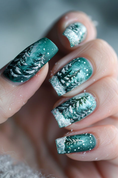 Snow-Covered Pine Trees: Nail Art For Winter Pine Cone Nails, Winter Scene Nails, Snow Nails Acrylic, Woodland Nails, Tree Nail Art Designs, Forest Nail Art, Forest Nails, Nail Inspo Ideas, Snow Globe Nails