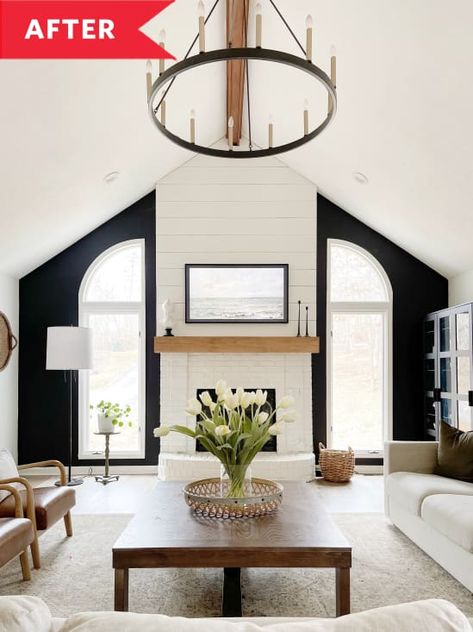 Black Accent Wall Around Fireplace, Black Accent Wall White Fireplace, Large Fireplace Living Room, White Living Room With Black Fireplace, White Living Room With Black Accent Wall, Tall White Brick Fireplace, White Fireplace With Black Wall, Black Wall With White Fireplace, Black Wood White Living Room