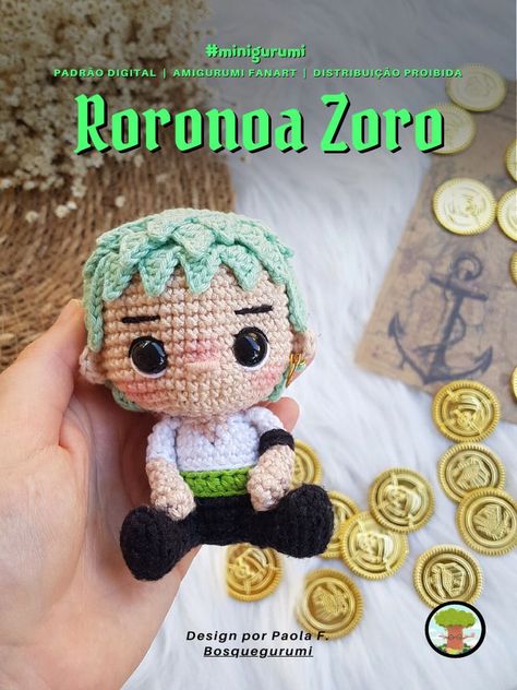 Free crochet pattern for a minigurumi Zoro from One Piece. This pattern is easy to and great for Cute Crochet Projects, One Piece Amigurumi, Doll One Piece, One Piece Crochet, Crochet Doll Tutorial, Crochet Hack, Crochet One Piece, Quick Crochet Patterns, Crochet Keychain Pattern