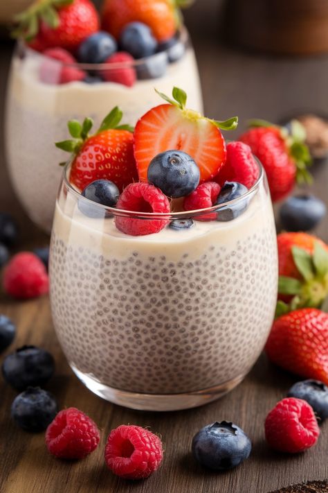 Looking for a healthy dessert or breakfast option? This chia seed pudding is not only delicious but also loaded with fiber and omega-3s, making it a guilt-free indulgence Chia Seed Pudding With Fruit, Desserts With Chia Seeds, Chia Seed Pudding Toppings, Chia Pudding Aesthetic, Keto Protein Snacks, Chia Seed Recipes Breakfast, Chia Seed Pudding Breakfast, Chia Dessert, Chia Seed Pudding Parfait