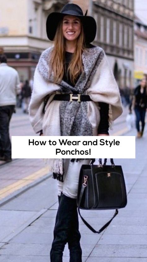 How To Style A Poncho Sweater, Flannel Poncho Outfit, How To Belt A Poncho, Poncho Winter Outfit, Poncho Styling Ideas, How To Wear Ponchos Outfits Fall, How To Style Poncho, Belted Poncho Outfit, How To Wear A Poncho Shawl