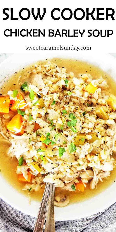 Chicken and barley soup in white bowl with spoon and fork. Barley Soup Crockpot, Slow Cooker Whole Chicken Soup, Chicken And Barley Recipes, Slow Cooker Barley Soup, Chicken Barley Soup Recipe, Chicken And Barley Soup, Slow Cooker Chicken Soup, Chicken Barley Soup Crockpot, Chicken Barley Soup Recipe Crock Pot