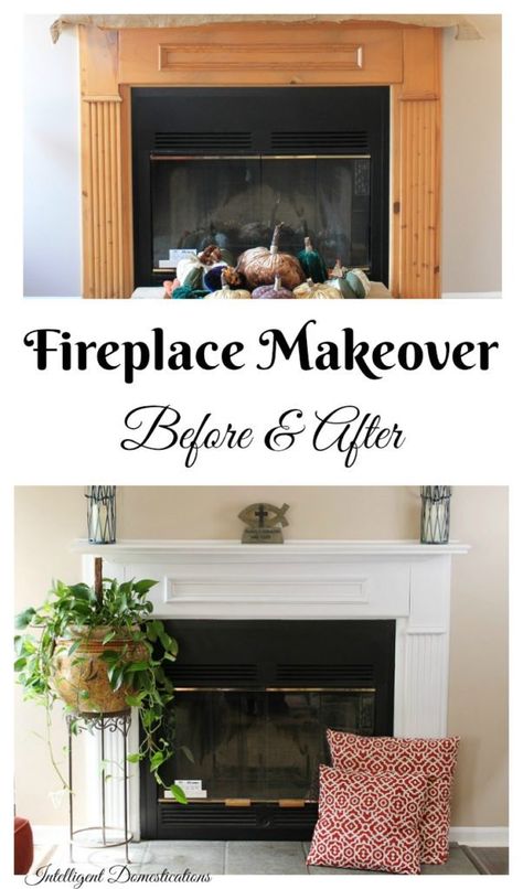 Fireplace-Makeover-Before-and-After-pictures.-We-painted-our-natural-wood-fireplace-white-and-love-it.-See-the-Before-and-After-to-help-you-decide-if-you-should-paint-your-fireplace-too Gas Fireplace Makeover, Before And After Fireplace, Painted Fireplace Mantels, Fireplace Makeovers, Ranch Home Remodel, Fireplace White, Fireplace Redo, Diy Outdoor Fireplace, Oak Fireplace