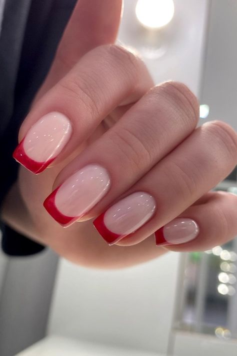 Red French Tip Nails Ted French Tips, Candy Cane French Tip Nails, Nails With Red Tips, French Tip With Red, Nails Red French Tip, Red French Tip Nails, Red French Manicure, Red French Tip, Red Tips