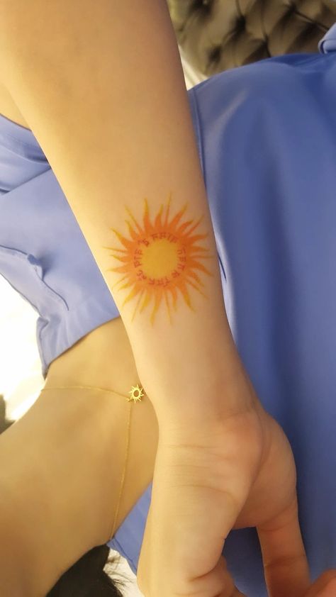 sun sunshine sun tattoo with mantra Golden Sun Tattoo, Colored Sun Tattoo, Mexican Sun Tattoo, Yellow Sun Tattoo, Sun Tattoo Color, The Sun Will Rise Tattoo, Fine Tattoos, Yellow Tattoo, Shoulder Blade Tattoo