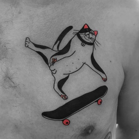 Tattoo by Noil Culture #NoilCulture #besttattoos #blackwork #pinkink #skateboard #skateordie #cat #cute #kitty #bell #funny Skater Tattoos, Skate Tattoo, Skateboard Tattoo, Shock Mansion, Cat Skateboard, Usa New York, Aries Tattoo, Book Tattoo, Tattoo Flash Art