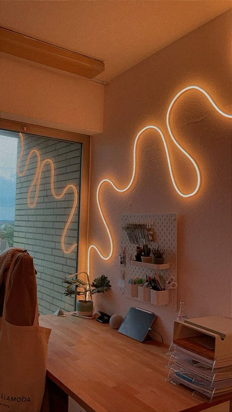 Home Office Led Lights, Led Light Ideas Living Room, Led Flexible Strip Lighting Ideas, Cute Neon Signs For Room, Led Lights On Wall, Wall Led Light Decor, Room Neon Signs, Small Room Setup, Instagram Magazine