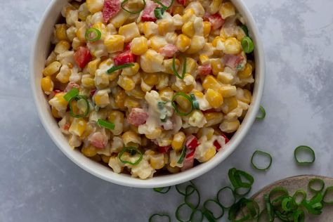 Creamy Corn Salad Paula Deen Corn Salad With Fritos, Corn Red Onion Salad, Corn Salad Paula Deen, Corn Salad With Bacon And Honey, Sweetcorn Salad, Unique Salad Recipes, Inspired Taste Corn Salad, Tomato And Onion Salad, Seasoned Corn