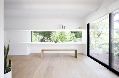 Best 60+ Modern Office Desk Design Photos And Ideas - Page 4 - Dwell Modern Office Desk Design, Off Center Windows, Ribbon Window, Shelves And Desk, Integrated Desk, White Washed Floors, Sleek Office, 1960s House, Office Desk Designs