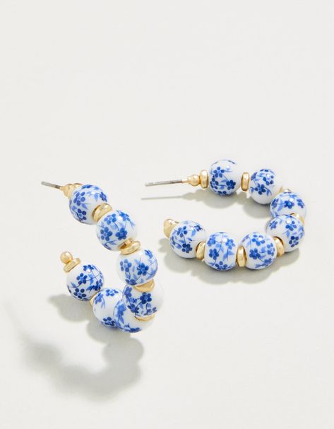 Annabelle Beaded Hoop Earrings Blue Flowers from Spartina 449 Blue China Earrings, Spartina 449 Jewelry, Blue And White Jewelry, Preppy Earrings, Hooped Earrings, Blue And White Earrings, Fantasy Earrings, Preppy Jewelry, Engagement Earrings