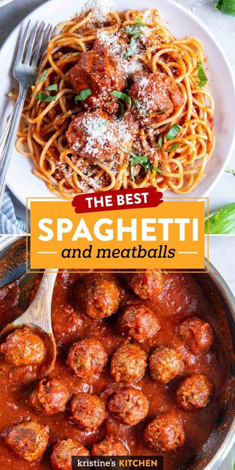 The BEST homemade spaghetti and meatballs recipe! Easy to make, ready in 35 minutes! Ground beef meatballs with Italian seasonings are baked and then simmered in marinara sauce until tender and flavorful. Homemade Beef Meatballs For Spaghetti, Meatball Recipe For Spaghetti, Meat Ball Recipes Easy Spaghetti, Best Homemade Meatballs For Spaghetti, Meat Ball Spaghetti Recipe, Spaghetti Recipes Meatballs, One Pot Meatballs, Homemade Meatball Sauce, Homemade Spaghetti And Meatballs Recipe