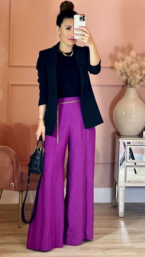 Womens Business Attire Summer, Purple Palazzo Pants Outfit, Wide Leg Purple Pants Outfit, Magenta Pants Outfit Work, Purple Wide Leg Pants Outfit, Purple Work Outfit, Dress Slacks Outfit, Dark Purple Blazer Outfit, Work Casual Outfits For Women Summer