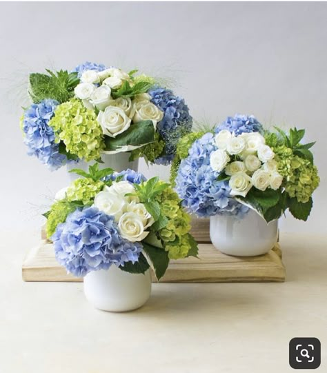 Centerpieces With Blue Hydrangeas, Grouping Floral Arrangements, Blue Floral Centrepiece, Dining Room Table Floral Centerpiece, Floral Arrangements With Blue Hydrangeas, Blue And White Hydrangea Arrangements, Hydrangeas Floral Arrangements, Blue Hydrangeas Centerpiece, Blue Hydrangea Arrangements Centerpieces