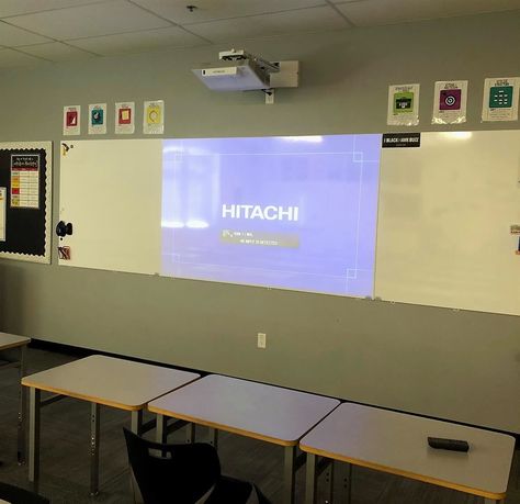 A HITACHI ultra short throw projector in a classroom at Higley Unified School District. Classroom Projector Setup, Meeting Room Projector, Projector Visuals, Overhead Projector Preschool, Projector Setup, Old Film Projector, Slide Projectors, Short Throw Projector, Smart Class