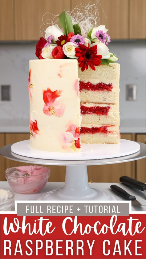 Fruit Filled Cake Recipes, Filled Layer Cake Recipes, White Choc And Raspberry Cake, White Chocolate Raspberry Layer Cake, Different Cake Flavors And Fillings, Layered Sheet Cake Recipes, White Chocolate And Strawberry Cake, Not Sweet Cake Recipes, Gluten Free White Chocolate Raspberry Cake