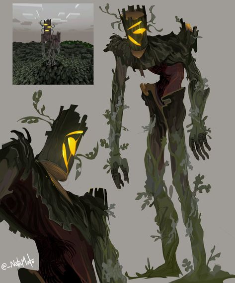 The Creaking Minecraft Art, Enderman Character Design, The Creaking Minecraft, Minecraft Hand Statue, Minecraft Witch Skin, Warden Minecraft Fanart, Alien Architecture, Monster Reference, Tree Monster