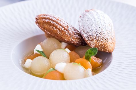 Melon soup with mint, lemongrass and warm madeleines Madeleines Recipe, Recipe With Honey, Melon Soup, Madeleine Recipe, Sweet Pastry, Great British Chefs, Dessert Plating, Honey Recipes, Sweet Pastries