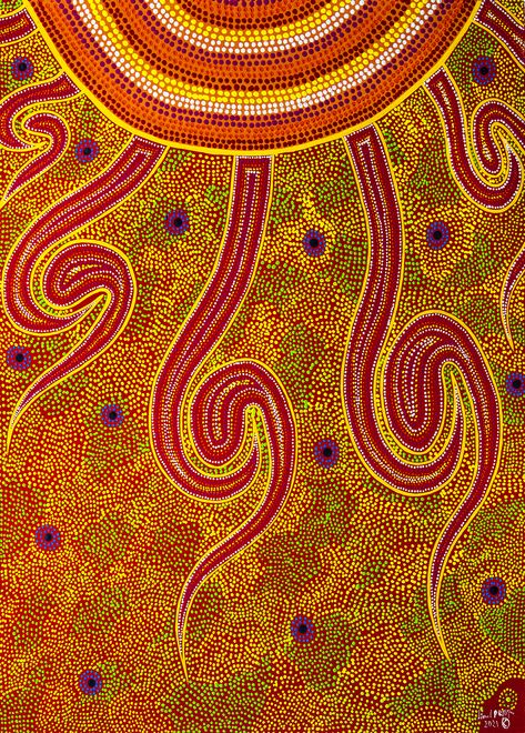 "This is about Yunghi (Sun Spirit) and how she helps with life from her rays." - Lionel Phillips (Artist) ��🧩 Now available as a #jigsaw #puzzle 🧩 #australian #australianart #indigenousartists #puzzles #jigsawpuzzles #indigenousart #aboriginalart #puzzleart #australia Hippie Aesthetic, Sun Art, Australian Art, Indigenous Art, Hippie Art, Ethereal Art, Aboriginal Art, Dot Painting, Wall Collage