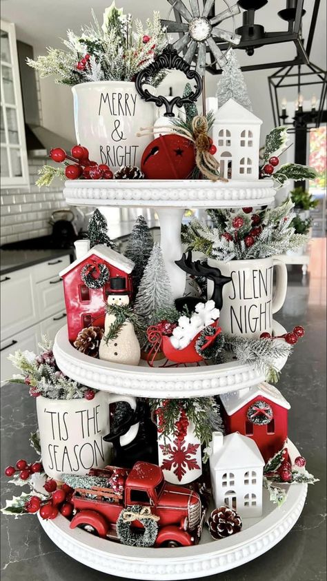 Christmas Tray Decor, Tray Decor Christmas, Christmas Tiered Tray, Merry Christmas Yall, Christmas Tray, Red And White Christmas, Christmas Farm, Christmas Centerpieces Diy, Snowman Christmas Tree