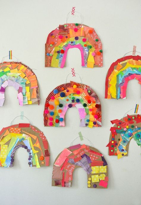 Children use colored collage material to make a rainbow from cardboard. Cardboard Rainbow, Rainbow Collage, Inspiration Bathroom, Remodel Inspiration, Color Collage, Kindergarten Art, Art Activities For Kids, Toddler Art, Minimalist Bathroom