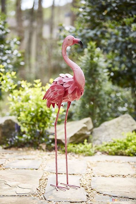 Our 3-piece metal flamingo statue is ready to flock to your garden during the warmer weather months. Deliver to your home through Wayfair. #southernpatio #springgardening #flamingostatuegarden Jewel Tone Garden, Pink Flamingos Lawn Ornaments, Flamingo Centerpiece, Laying A Patio, Coastal Backyard, Yard Flamingos, Flamingos Quote, Porch Ornaments, Flamingo Shower Curtain