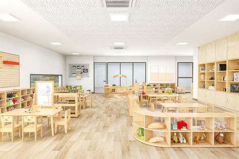 Montessori Early Learning Centre Design, Australia - Cowboy Kids Play Centre, Indoor Playground Design, Kindergarten Design, Toddler Classroom, Early Childhood Classrooms, Early Learning Centre, Montessori Classroom, Montessori Education, Playground Design