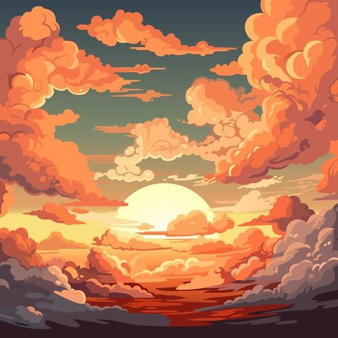 Vector evening sky clouds sunset backgro... | Premium Vector #Freepik #vector #anime-sky #sunset-clouds #sky-illustration #dusk Sun Behind Clouds Drawing, Clouds Vector Illustration, Sunset Clouds Drawing, Sky Vector Illustration, Sun Rise Illustration, Sky Aesthetic Illustration, Anime Clouds Sky, Sky Drawing Clouds, Clouds Illustration Art