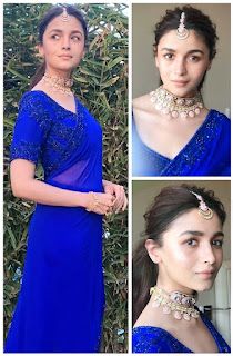 Alia Bhatt Bridesmaid Look, Alia Bhatt Jewellery, Blue Saree Jewellery, Black Long Dress Indian, Black Desi Wedding Dress, Dress Indian Style Wedding, Black Long Dress Indian Style, Blue Saree Makeup Look, Bridesmaid Outfits Indian