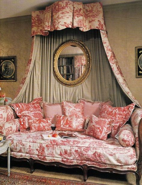 Fabulously French: love this... Toile Bedding, French Country Fabric, Bed Crown, Red Toile, French Country Bedrooms, Aesthetic Journal, French Toile, Mirror On The Wall, Country Bedroom