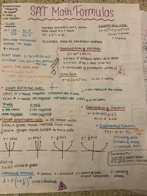 Quadratics Cheat Sheet, Sat Formula Sheet, Sat Math Study Notes, Act Tips Math, Collage Math Notes, Math Cheat Sheet Aesthetic, Sat Grammar Rules, Sat Prep Notes, Quadratic Equations Notes Class 10