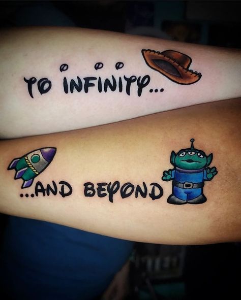 #couplestattoo #Disney #toinfinityandbeyond #woody #buzzlightyear #alien #toystory Matching Toy Story Tattoos, Toy Story Alien Tattoo, Woody Tattoo, Woody Buzz Tattoo, Toy Story Tattoos, Alien From Toy Story Tattoo, Infinity And Beyond Tattoo, Woody And Buzz Tattoo Best Friends, Buzz Tattoo Toy Story